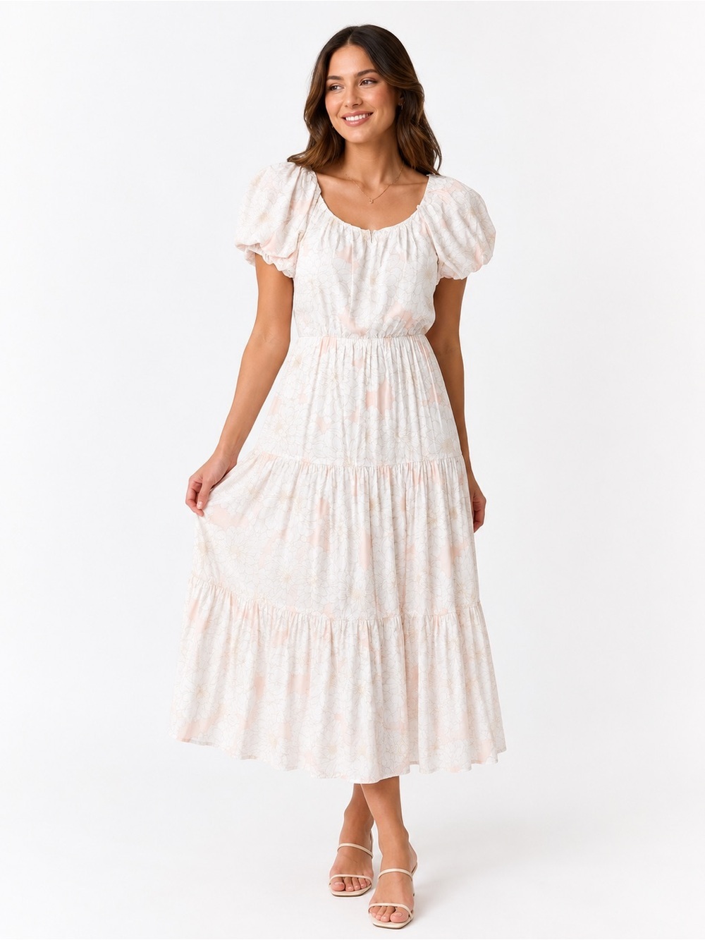 NWT Calvin Klein Floral Cream Puff-Sleeve Tiered Midi Dress (6)